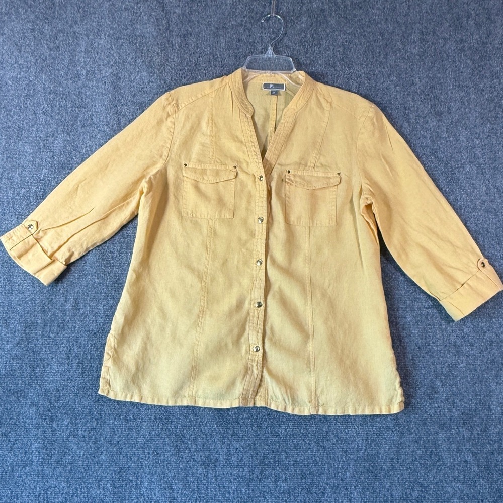 JM Collection Linen Button Down Shirt Top Gold Yellow Mandarin Collar Size 10